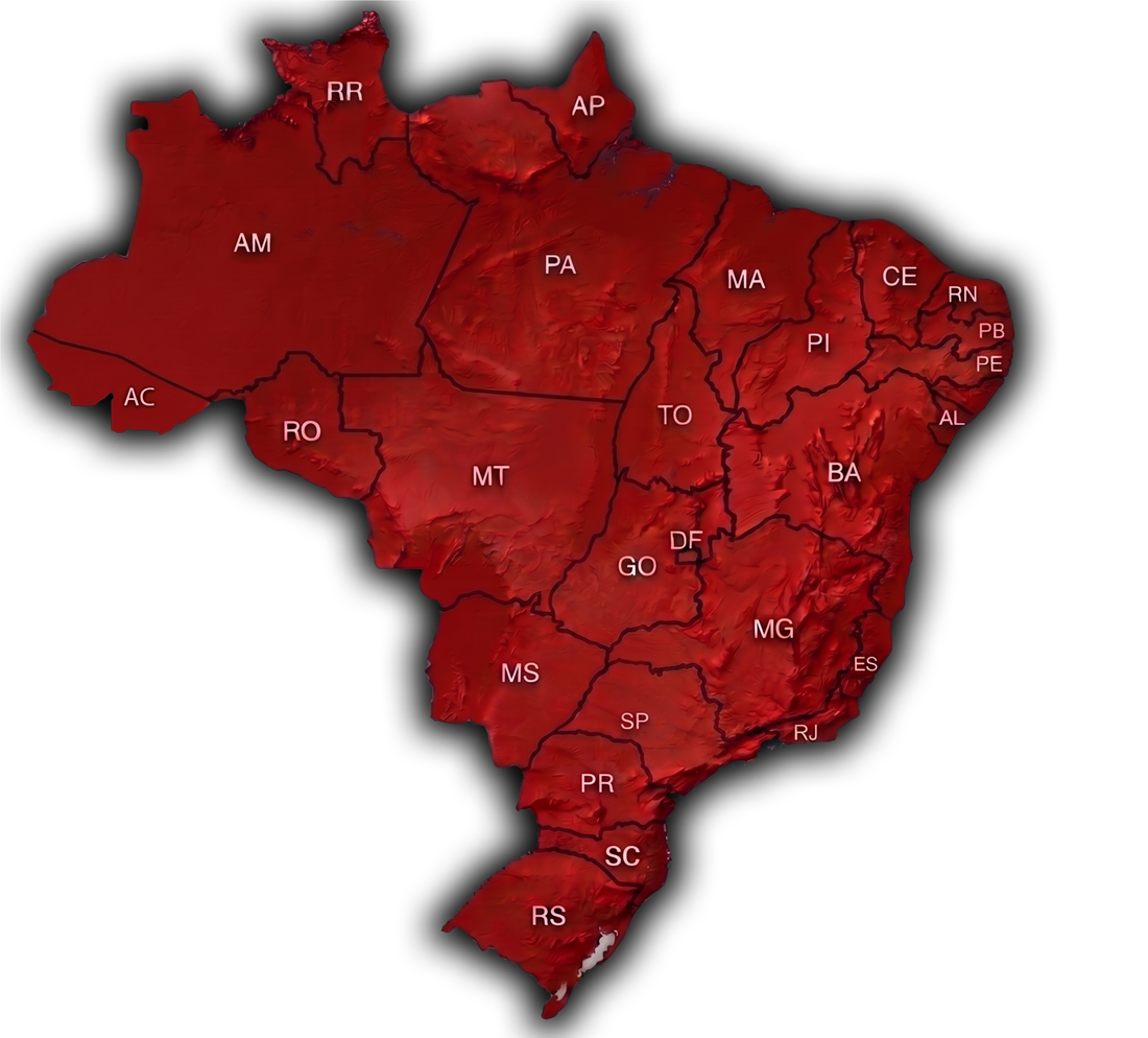 Mapa do Brasil com a sigla de todos os estados, ilustrando a cobertura nacional da MO Solutions